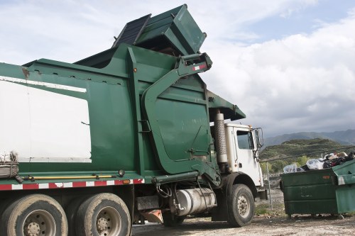 Service vehicles parked with secured loads before departure